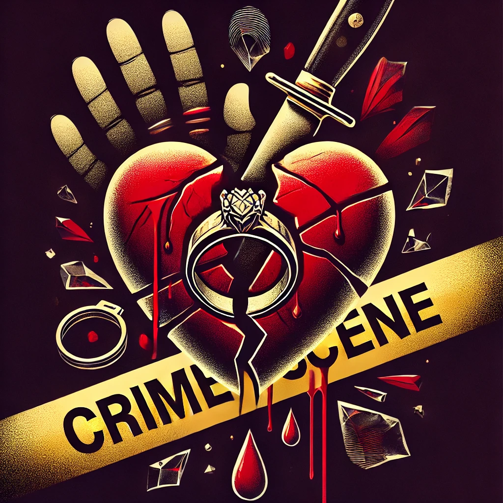 DALL·E 2025 02 14 17.15.41 A symbolic digital illustration representing crimes of passion. The image features a broken heart split in two with a shattered wedding ring at the c