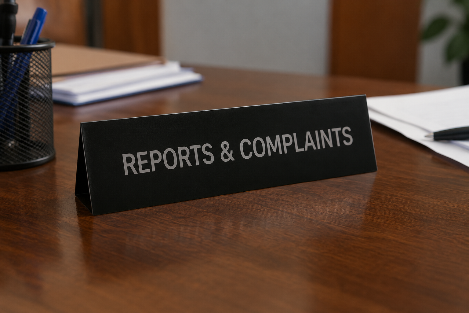 A matte black “REPORTS & COMPLAINTS” desk sign sits on a polished wooden office table